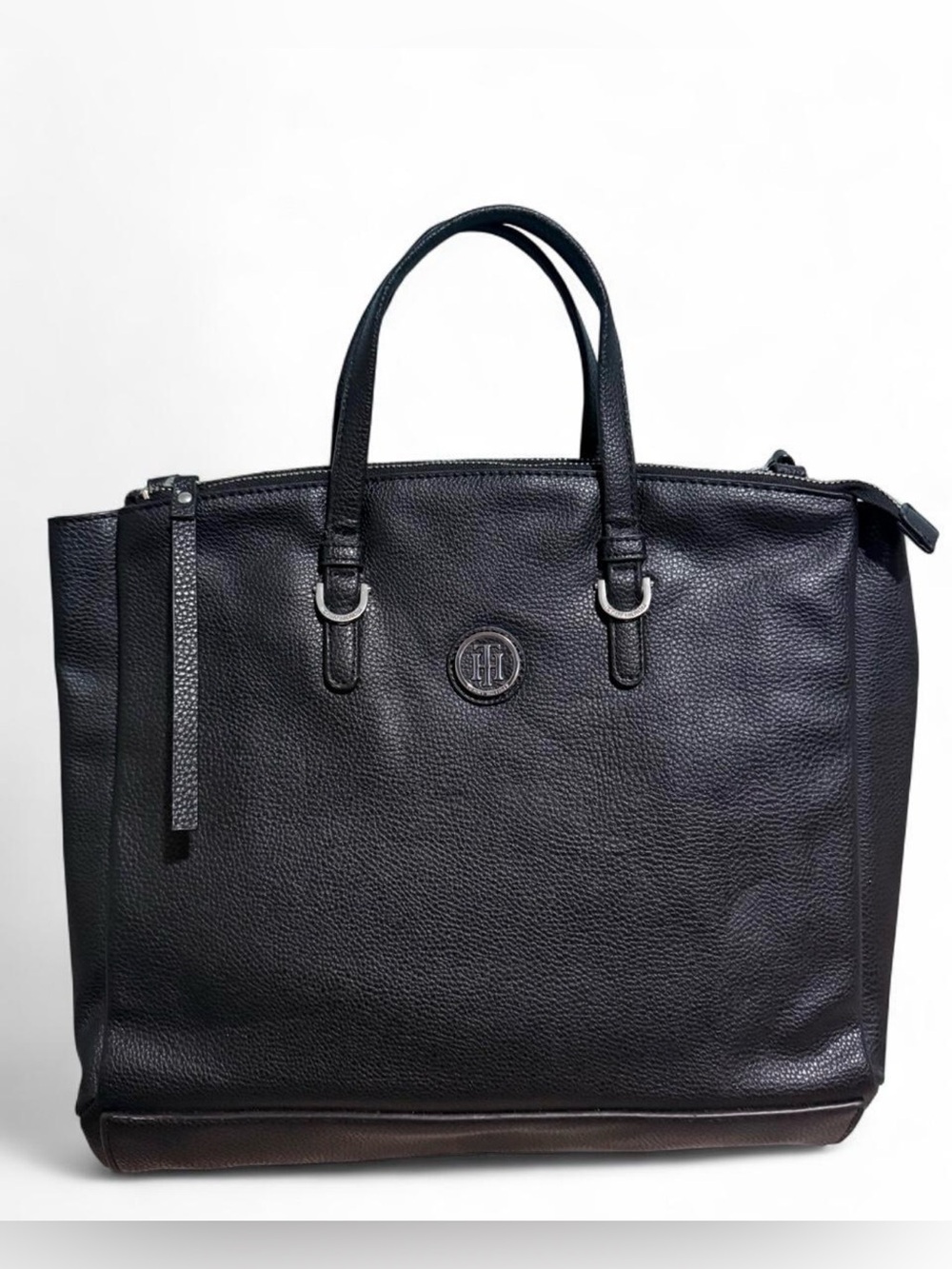 Tommy Hilfiger Black Leather Work Tote with Top Handles